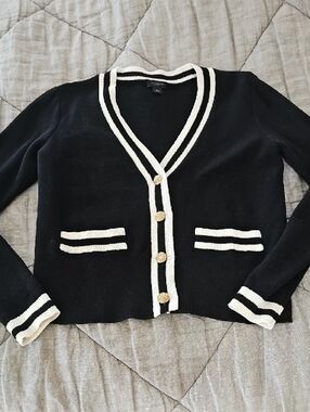 Ann Taylor Factory Black Cardigan with White Trim and Gold Buttons